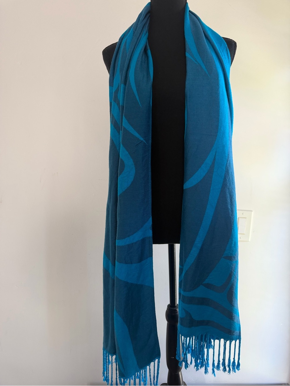 Oversized Blue Teal Abstract Print Scarf Wrap Shawl Fringe Viscose Blend